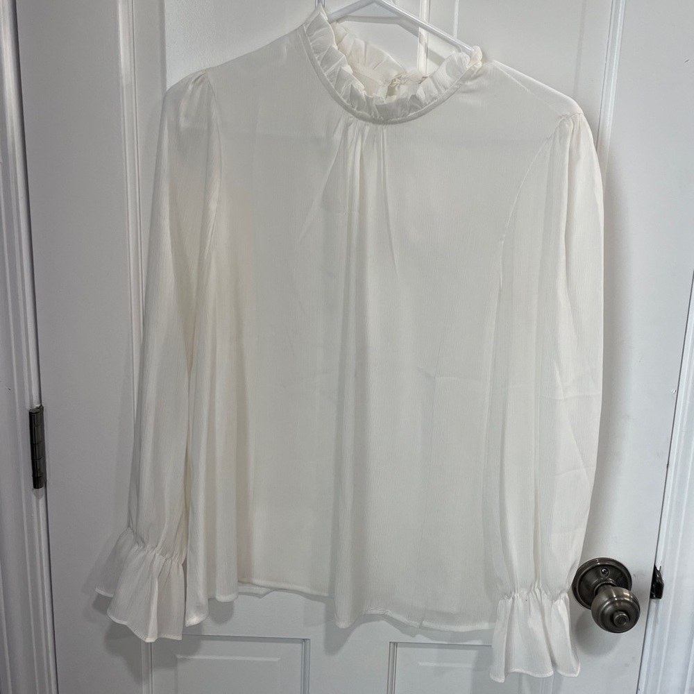 Sheer White Ruffle Trim Chiffon Blouse